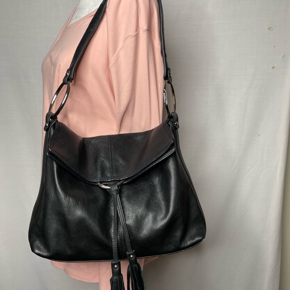 Alfani Handbags - Alfani Soft Black Leather Shoulder Bag with Silver Color Closure